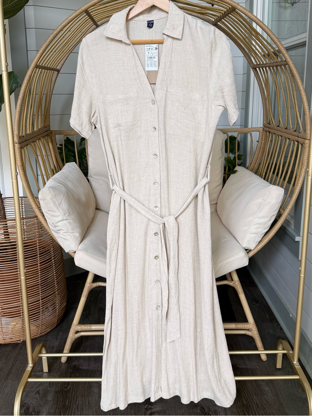Beige Button-Front Dress with Tie Belt - Picture 2 of 7